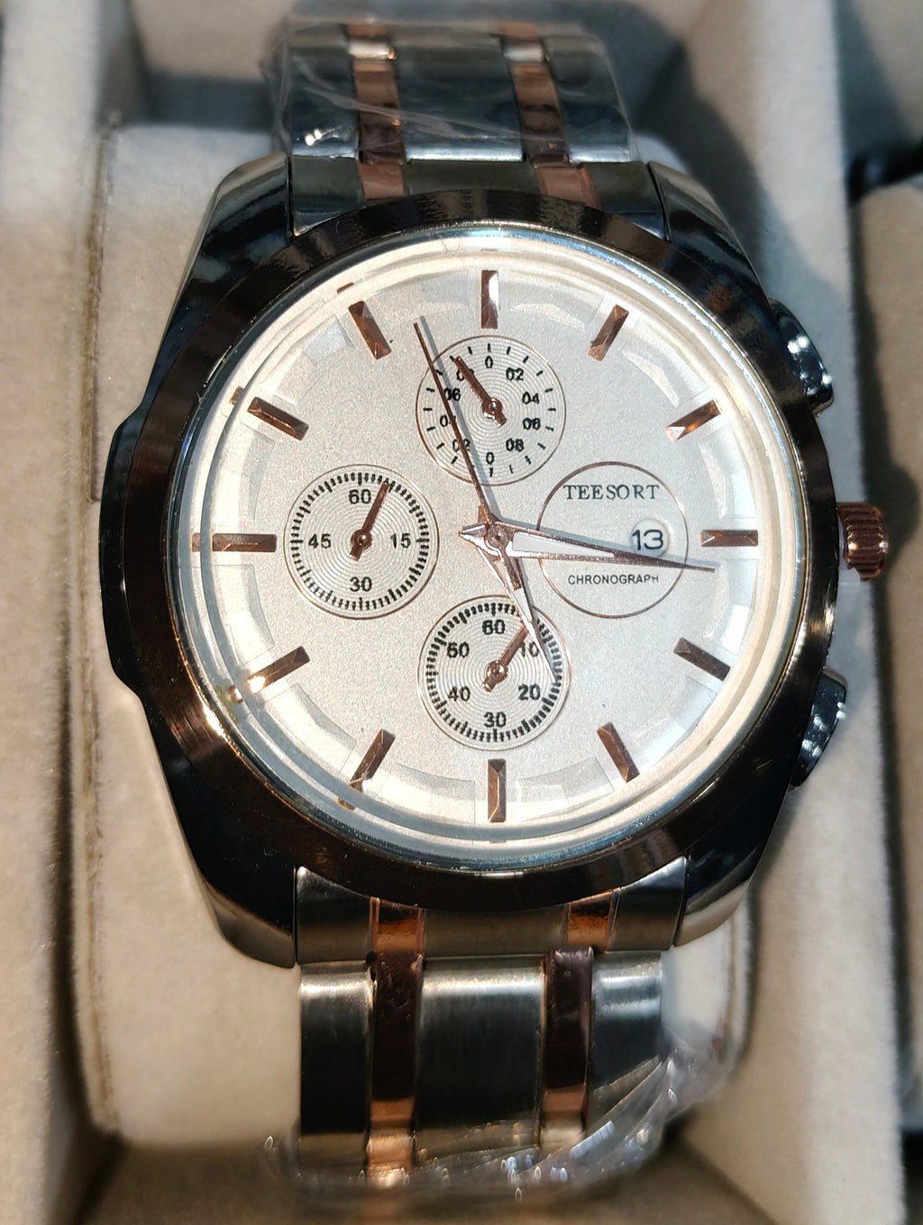 ⌚.TEESORT Men's Stylish Chronograph Watch - Silver & Rose Gold