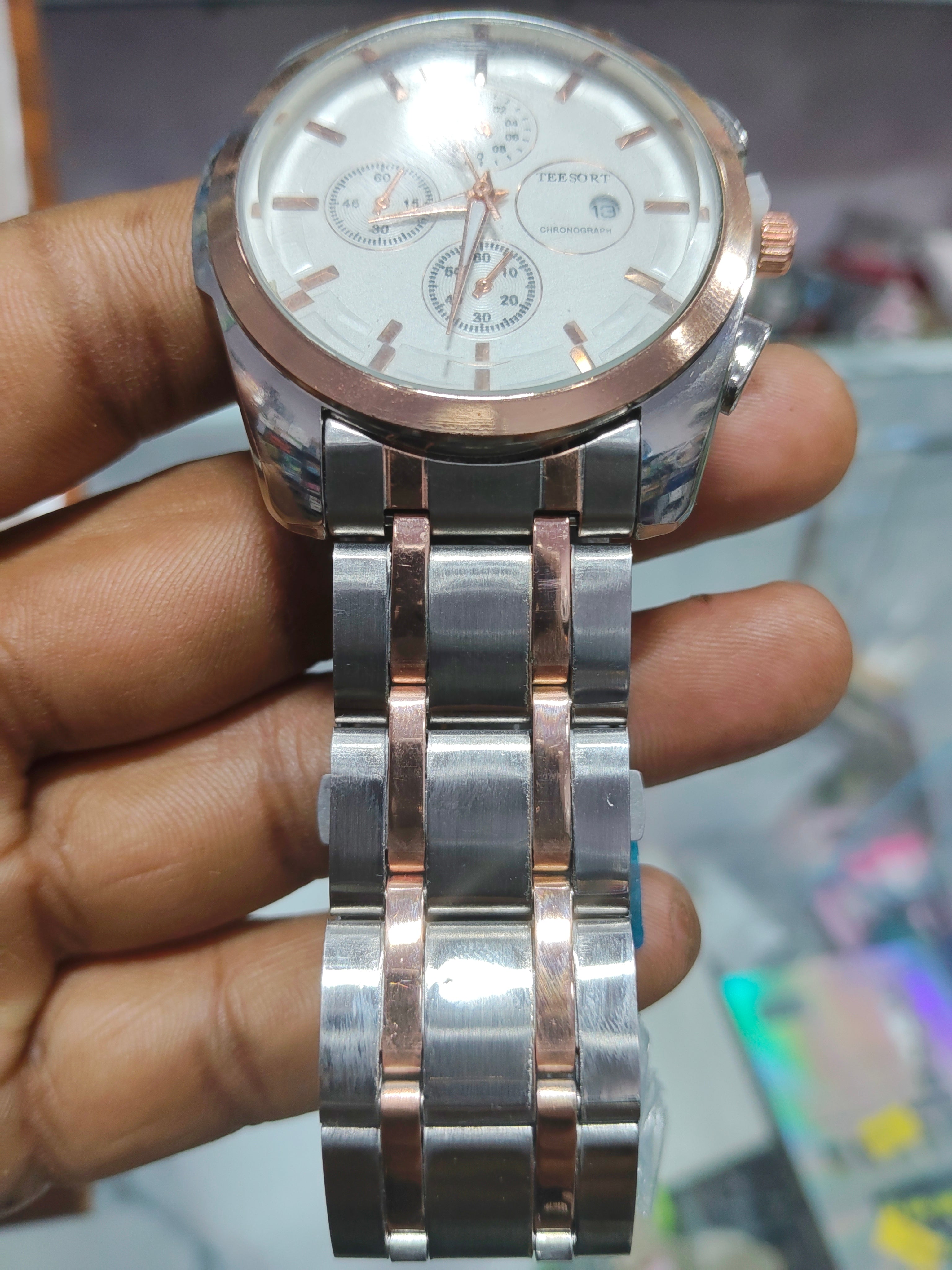 ⌚.TEESORT Men's Stylish Chronograph Watch - Silver & Rose Gold